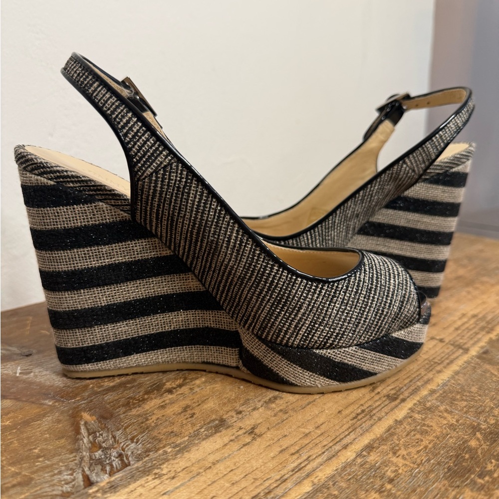 Jimmy Choo Black and Cream Striped Slingback Wedge Sandals